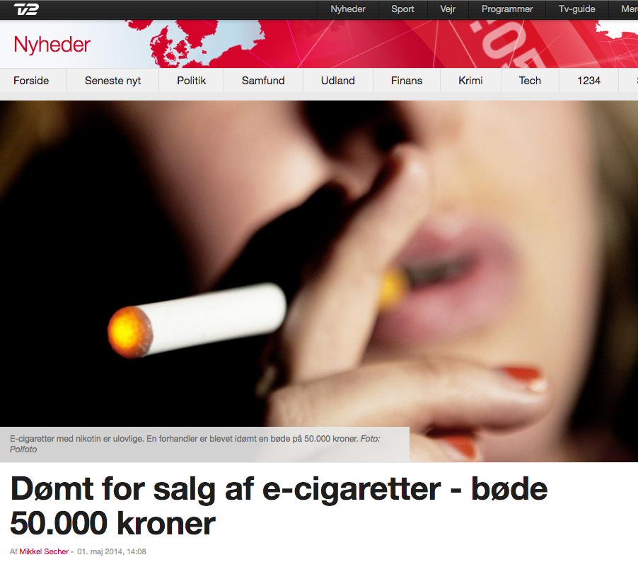 Fra 1. maj 2014 - kilde: https://nyhederne.tv2.dk/samfund/2014-05-01-d%C3%B8mt-salg-af-e-cigaretter-b%C3%B8de-50000-kroner